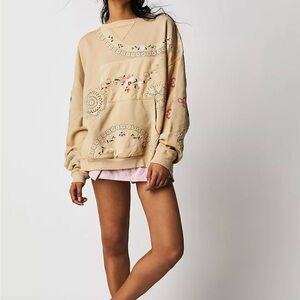 NWOT Free People Grams Attic Crochet Embroidery Sweatshirt Size M
